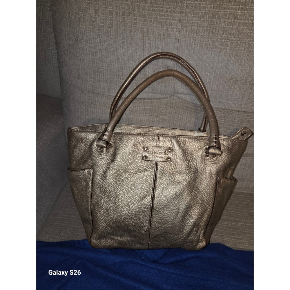 32. Kate Spade New York Metallic Gold Pebbled Leather Tote Bag Polka Dot Lining